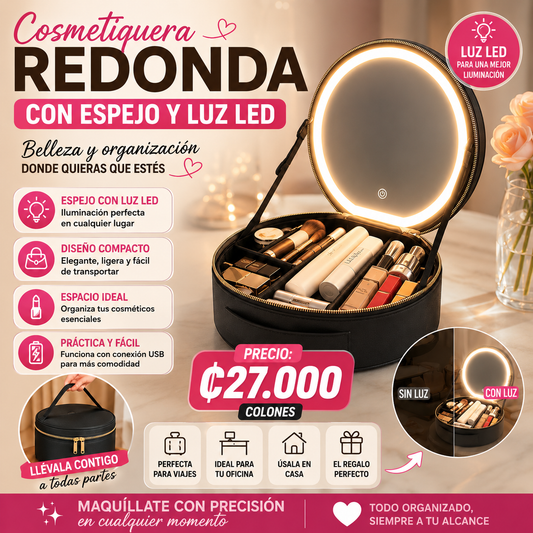 COSMETIQUERA REDONDA CON ESPEJO Y LUZ LED
