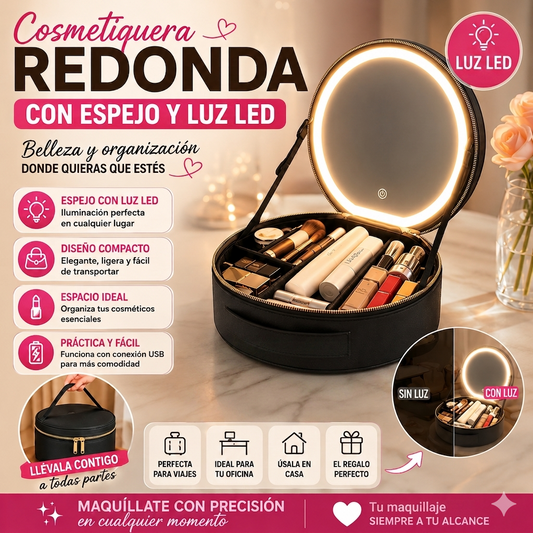 COSMETIQUERA REDONDA CON ESPEJO Y LUZ LED